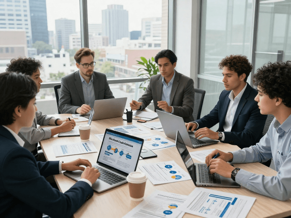 Merchant cash advance for small business consultation with financial advisors in a modern office setting.