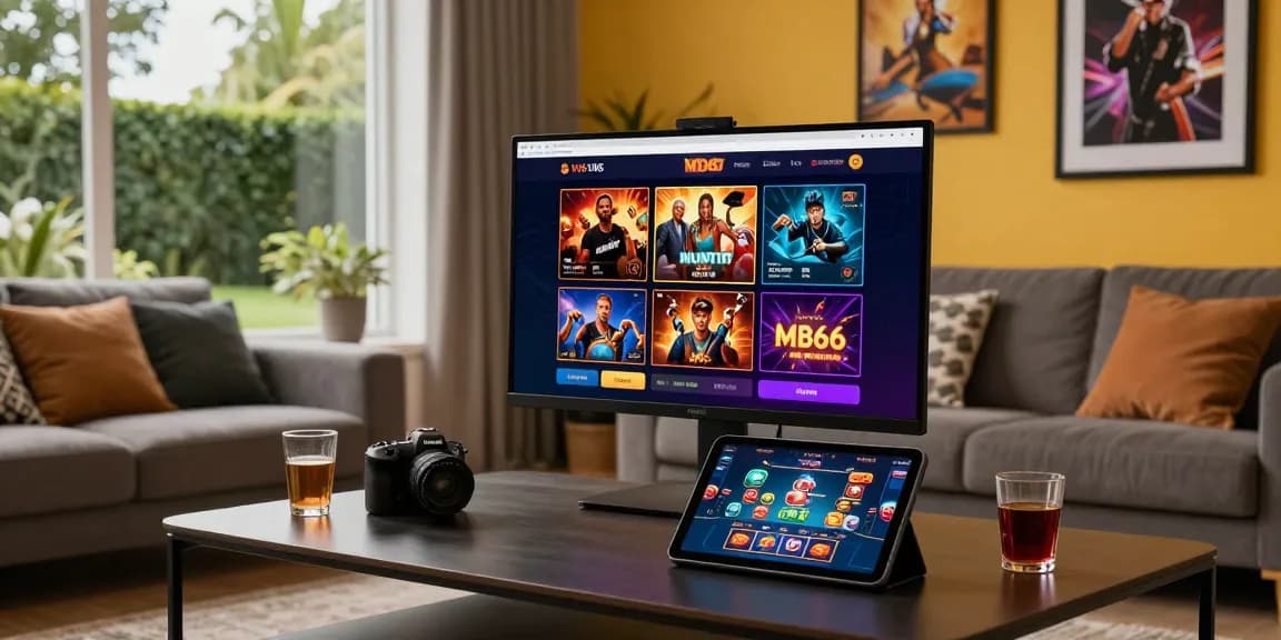 Engaging user enjoying live casino games on MB66 platform in a stylish living room setting with vibrant decor.